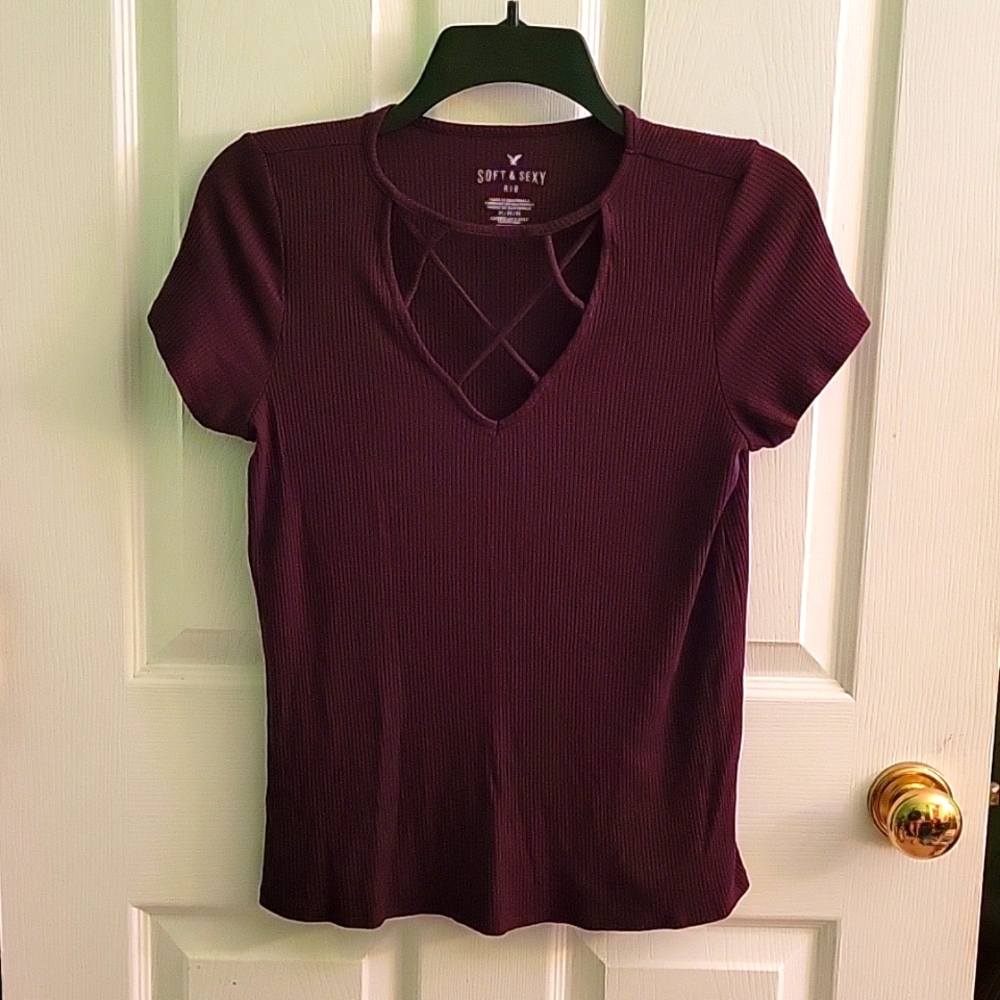 Aerie Soft & Sexy Medium Burgundy Ribbed Cross Top